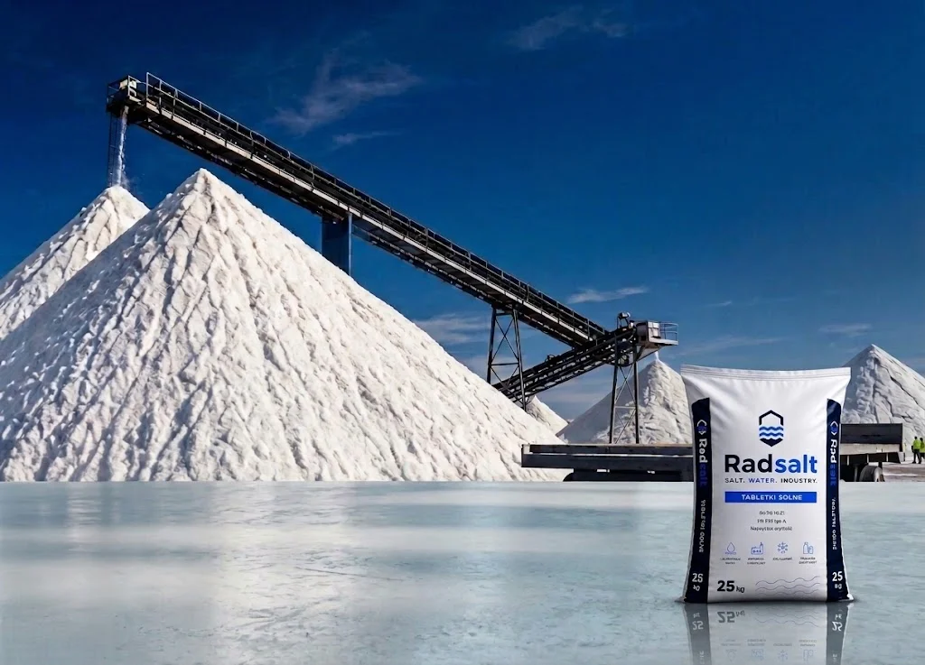 Worek Radsalt 25 kg na tle hałd soli i zakładu