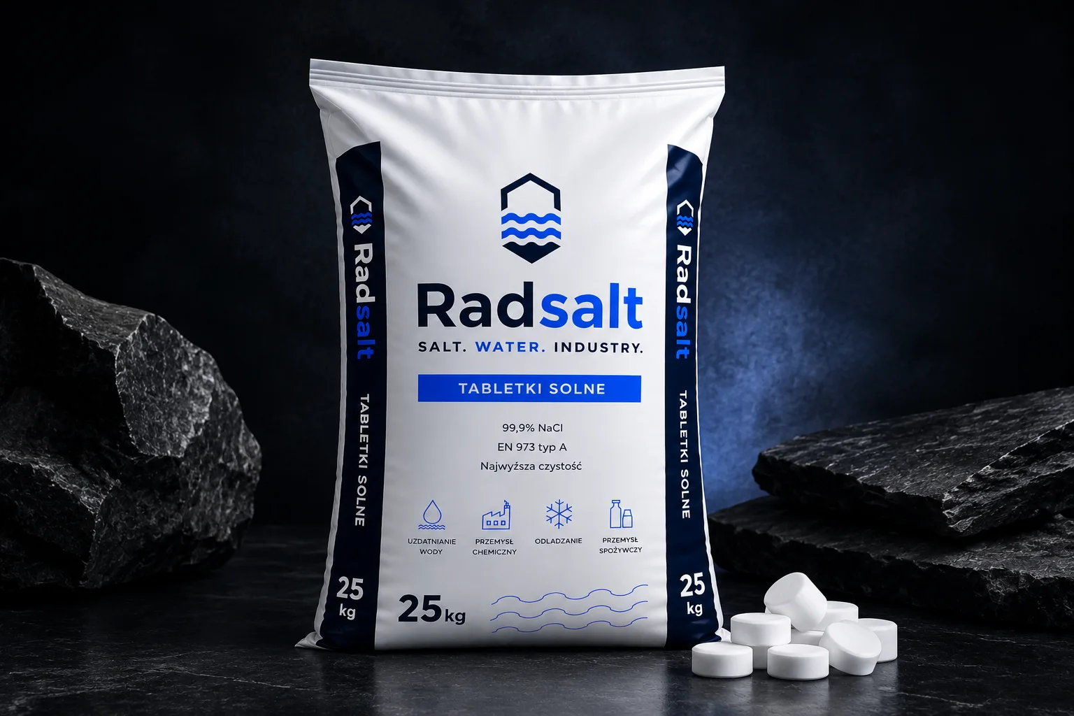 Worek Radsalt 25 kg z tabletkami solnymi i wysypanymi tabletkami obok